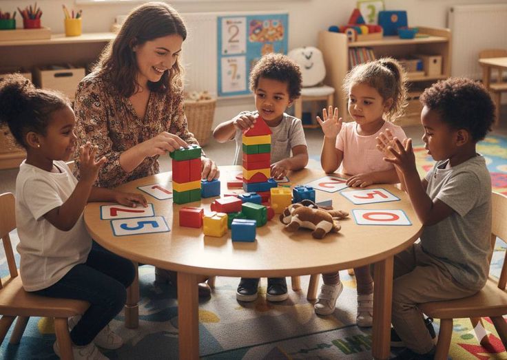 Professora acolhendo crianças em ambiente de Educação Infantil
