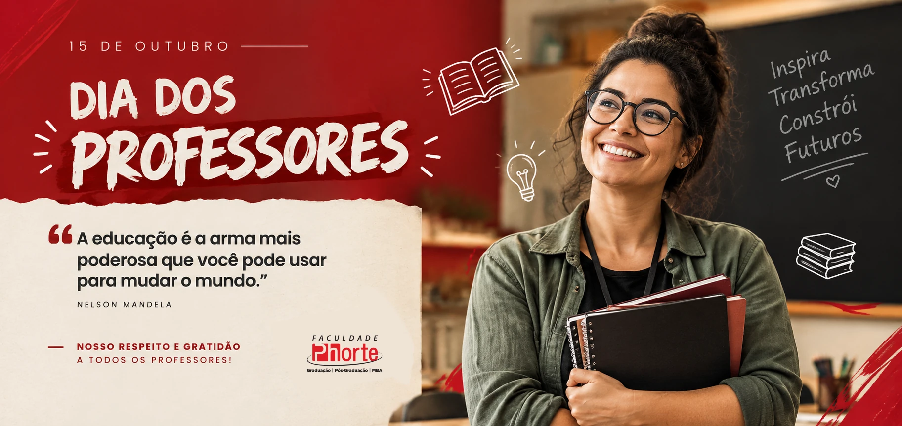 Banner do Dia dos Professores, em 15 de outubro, com homenagem e mensagem de gratidão aos professores.